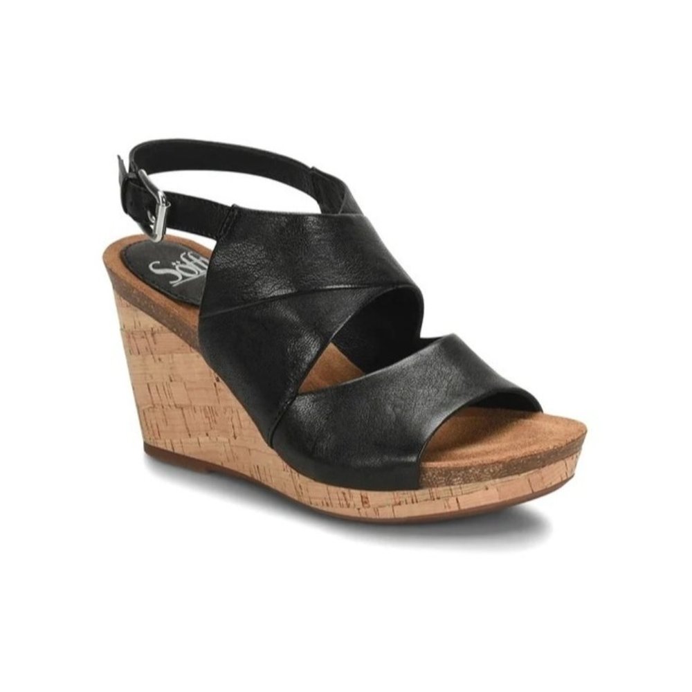Sofft Corrina Black Leather Cork Wedge Open Toe Comfort Sandal Sz 9